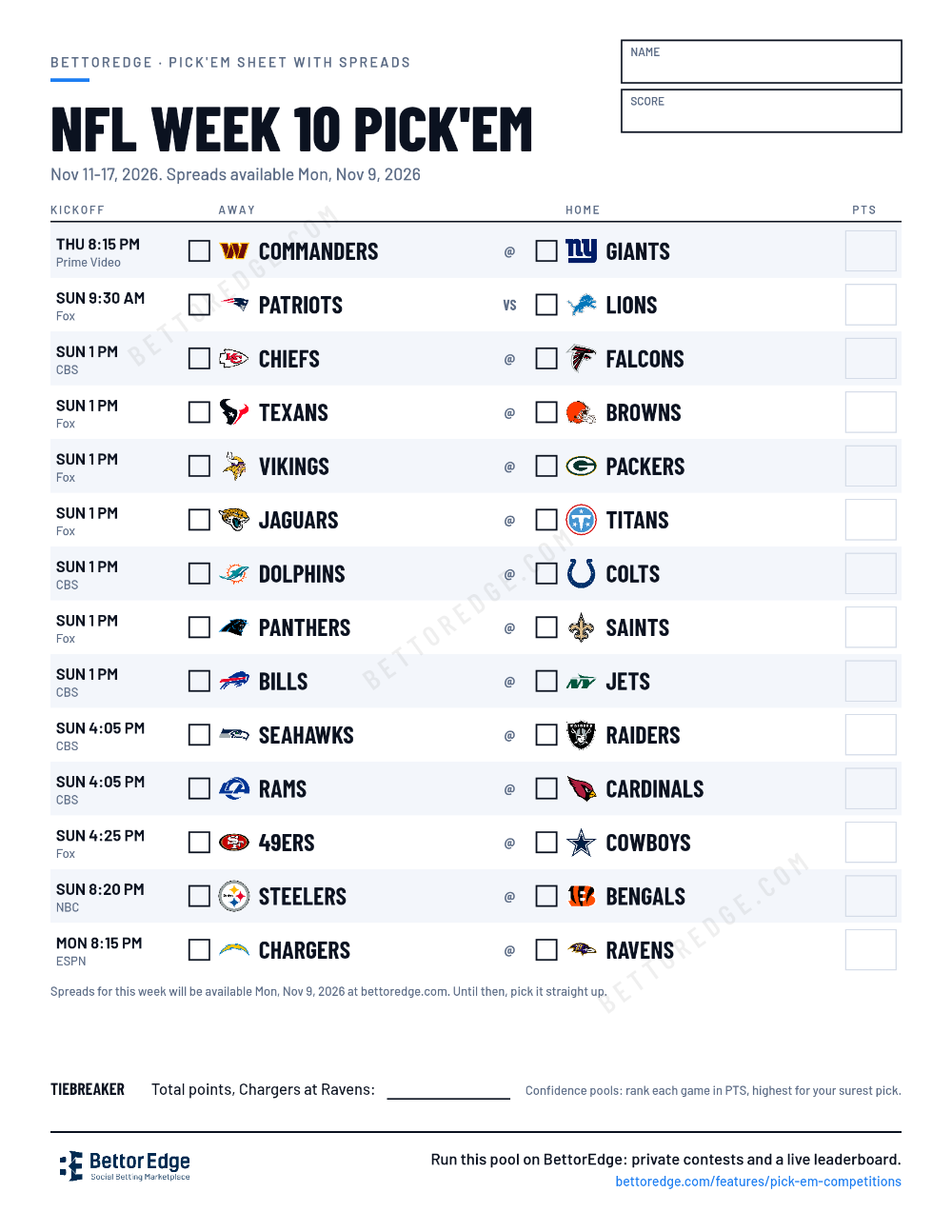 NFL Week 10 Pick'em Sheet 2026: Free Printable | BettorEdge