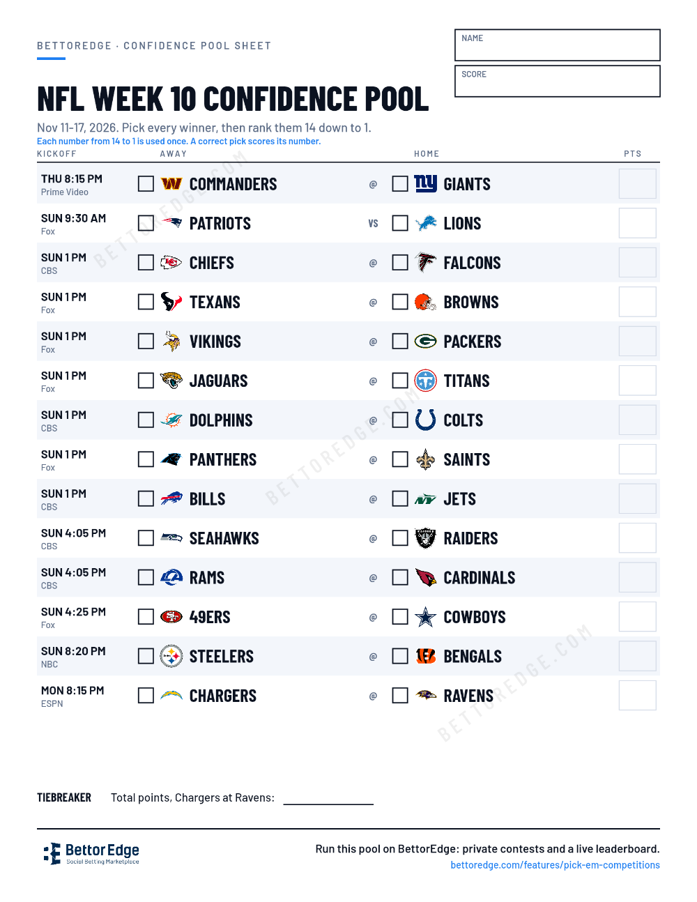 NFL Week 10 confidence pool sheet, free printable with every game