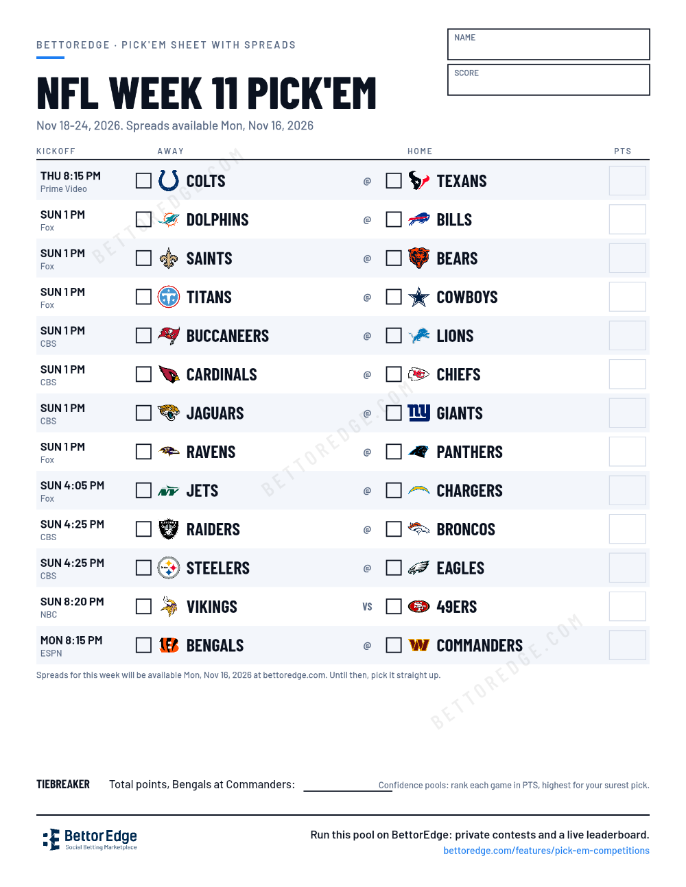 NFL Week 11 Pick'em Sheet 2026: Free Printable | BettorEdge