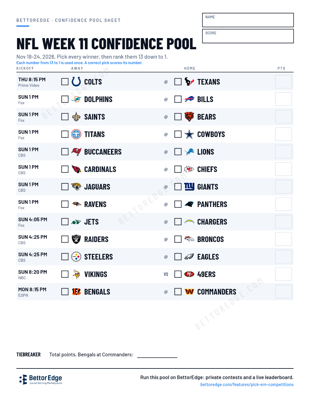 NFL Week 11 confidence pool sheet, free printable with every game