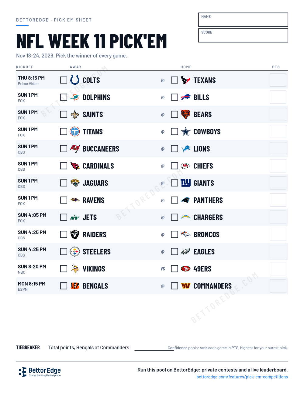 NFL Week 11 pick'em sheet, free printable with every game