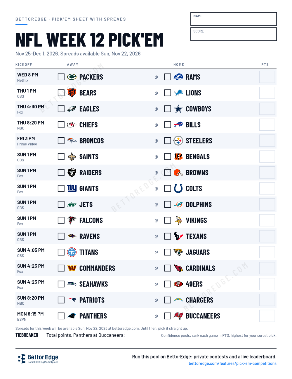 NFL Week 12 Pick'em Sheet 2026: Free Printable | BettorEdge