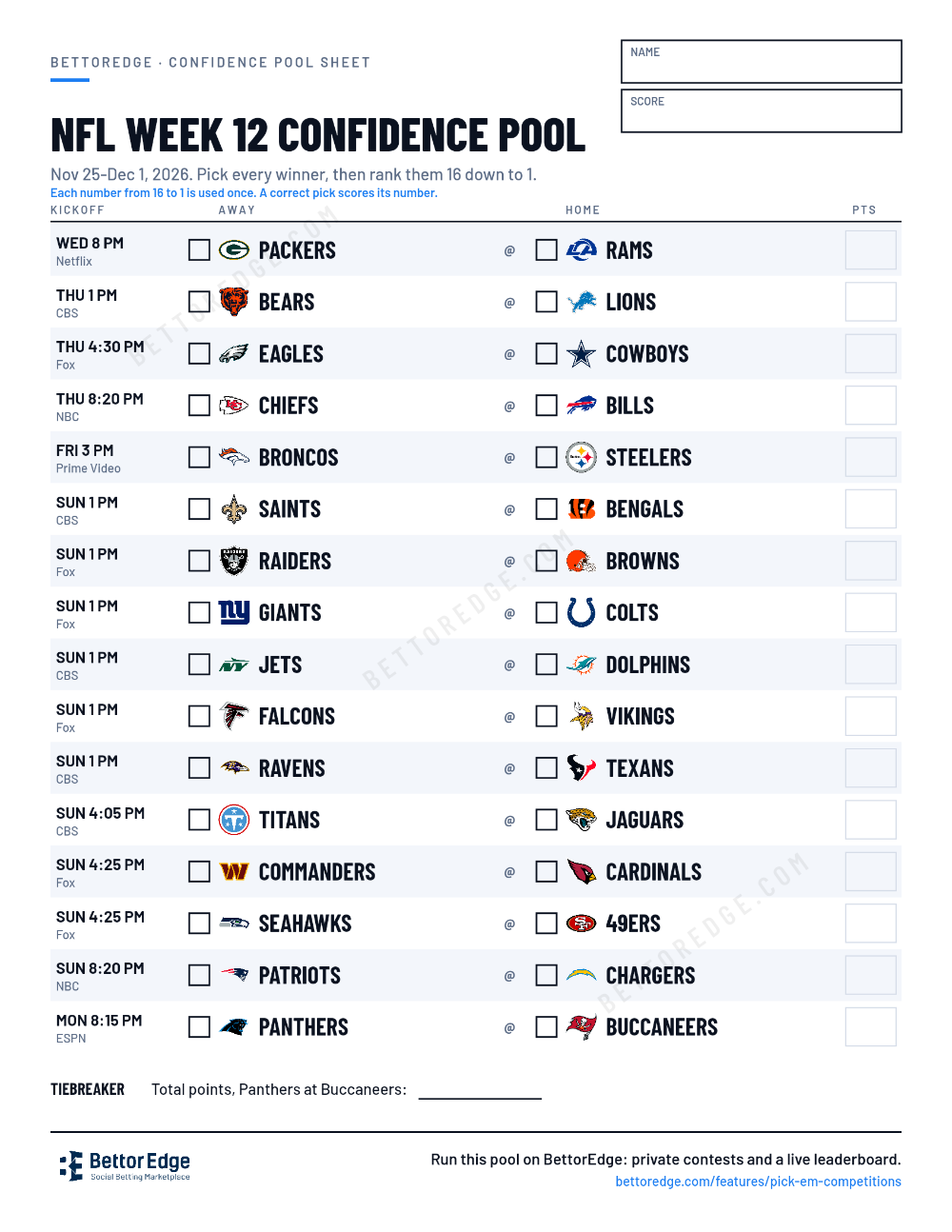 NFL Week 12 confidence pool sheet, free printable with every game
