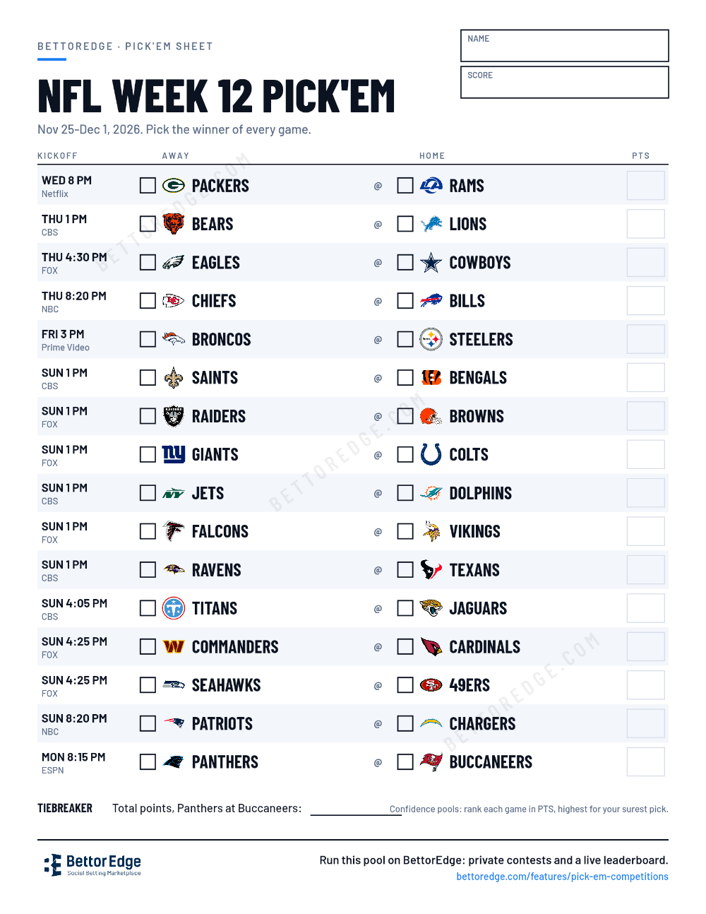 NFL Week 12 pick'em sheet, free printable with every game