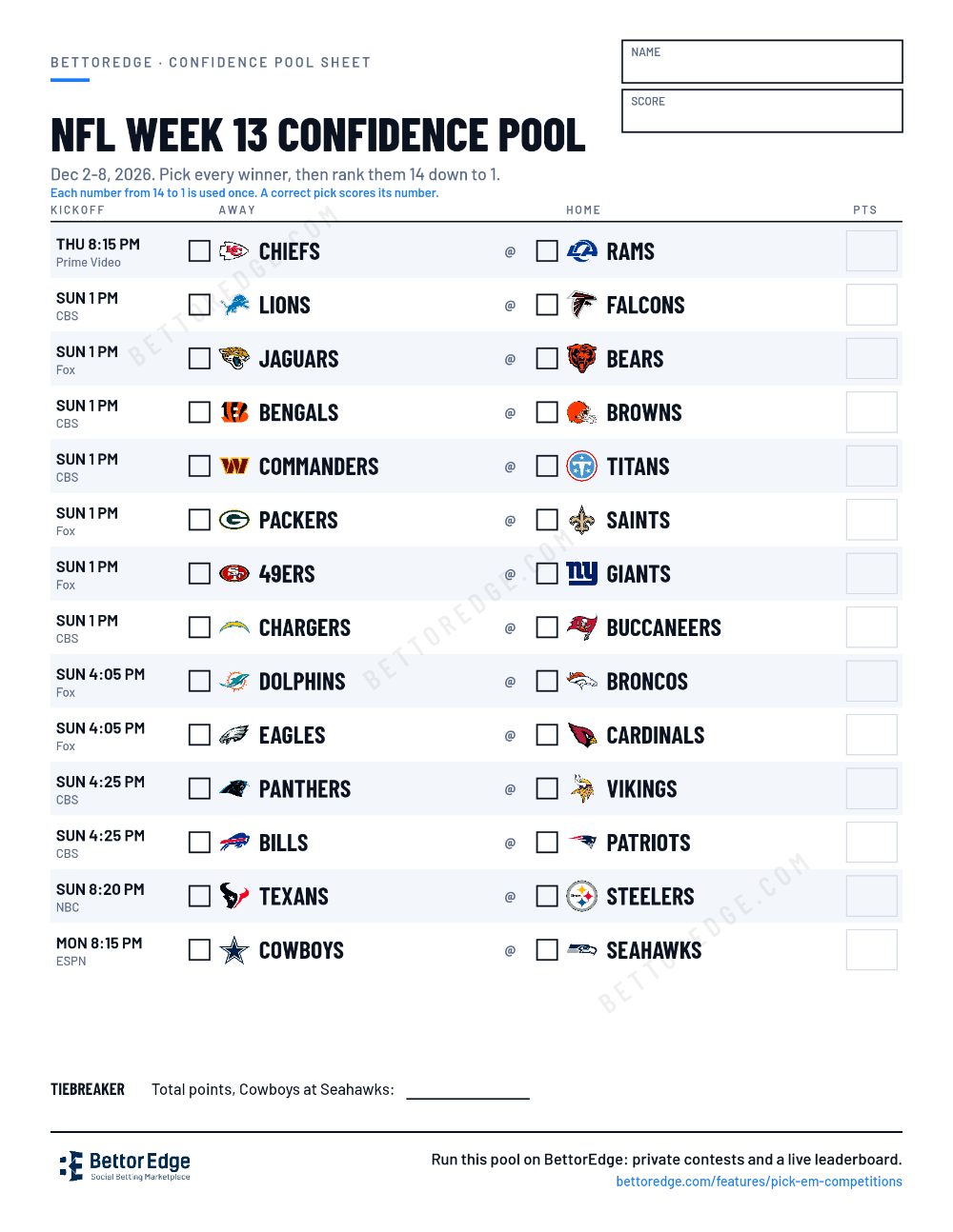 NFL Week 13 confidence pool sheet, free printable with every game