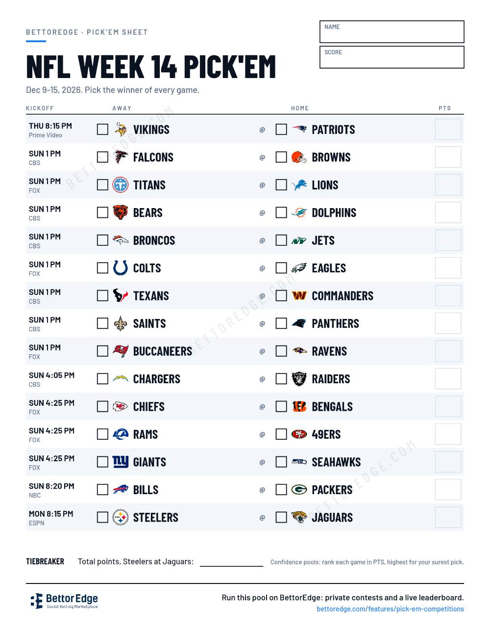 NFL Week 14 pick'em sheet, free printable with every game