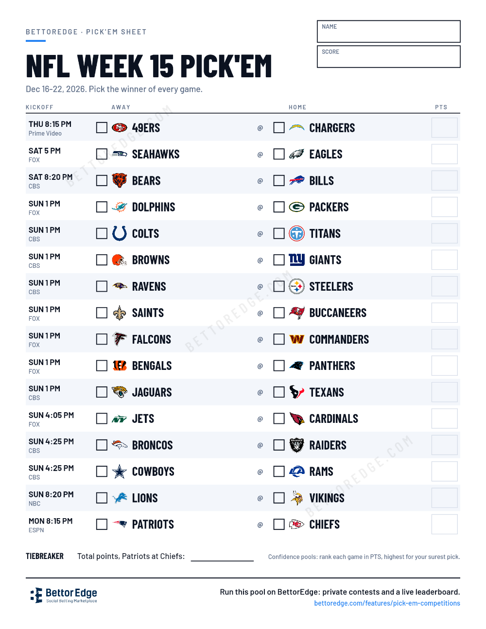 NFL Week 15 pick'em sheet, free printable with every game