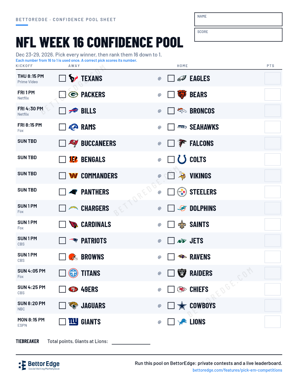 NFL Week 16 confidence pool sheet, free printable with every game