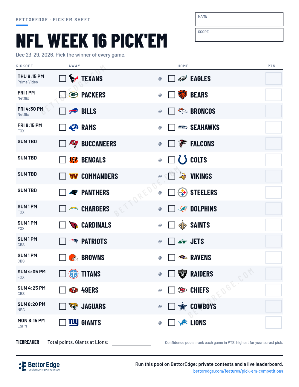 NFL Week 16 pick'em sheet, free printable with every game