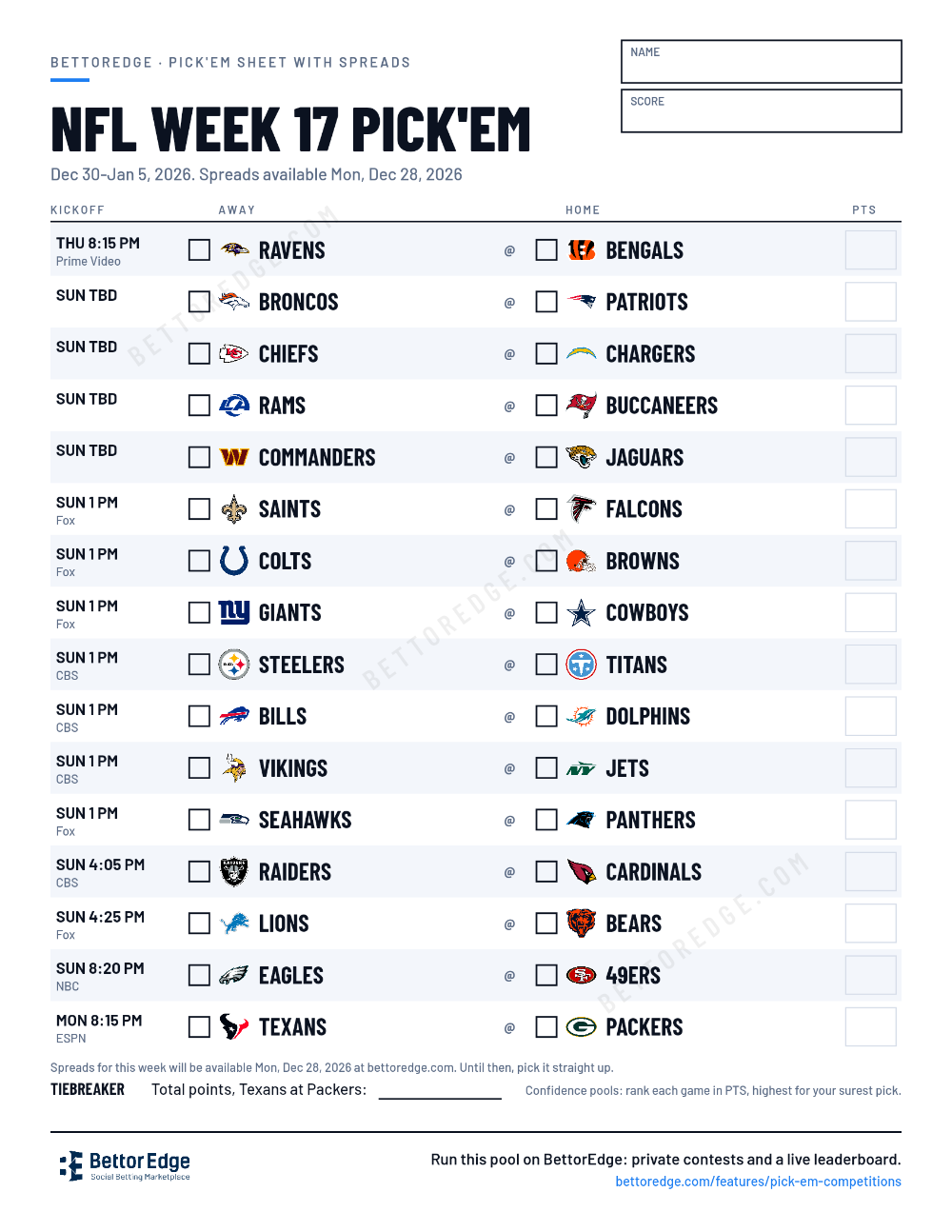 NFL Week 17 Pick'em Sheet 2026: Free Printable | BettorEdge