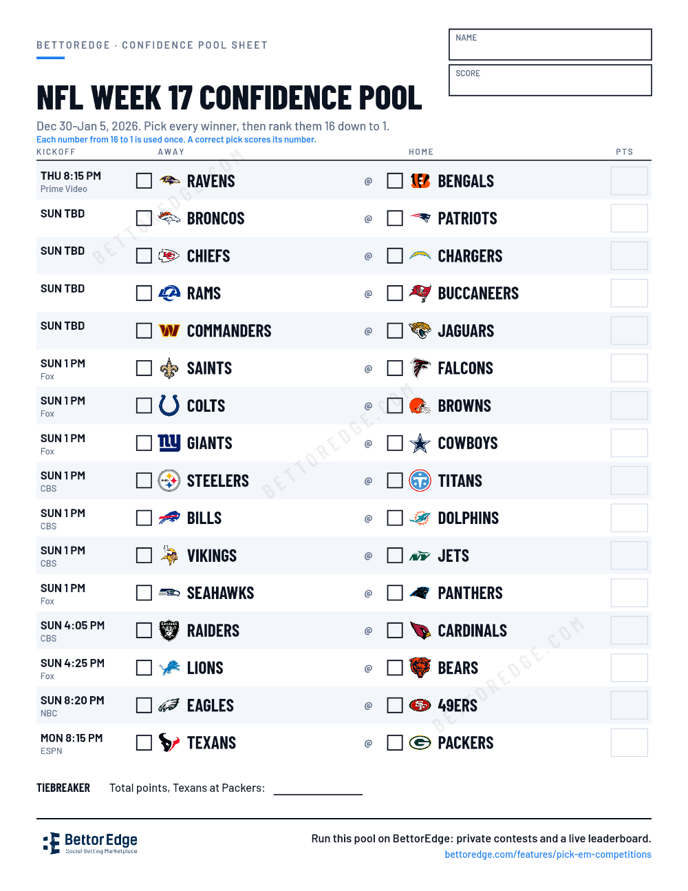 NFL Week 17 confidence pool sheet, free printable with every game