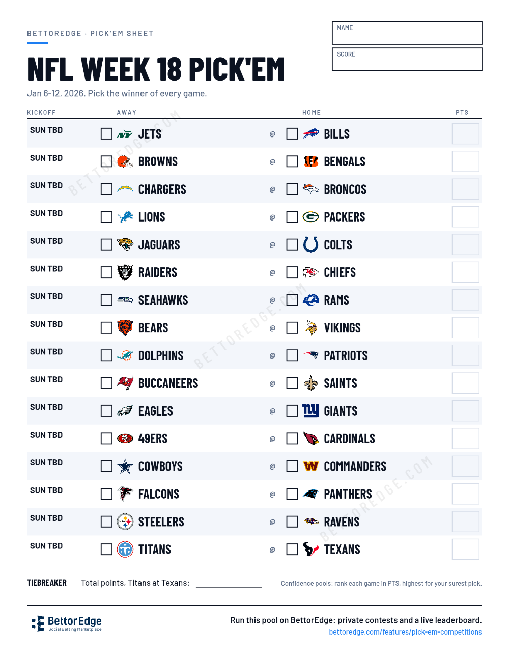 NFL Week 18 pick'em sheet, free printable with every game