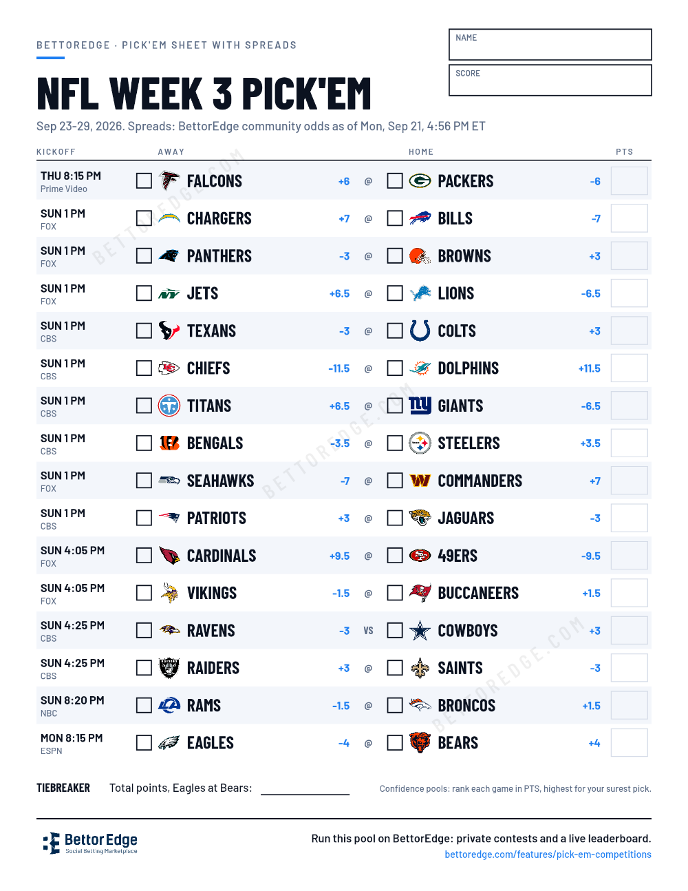 NFL Week 3 pick'em sheet, free printable with every game and its spread