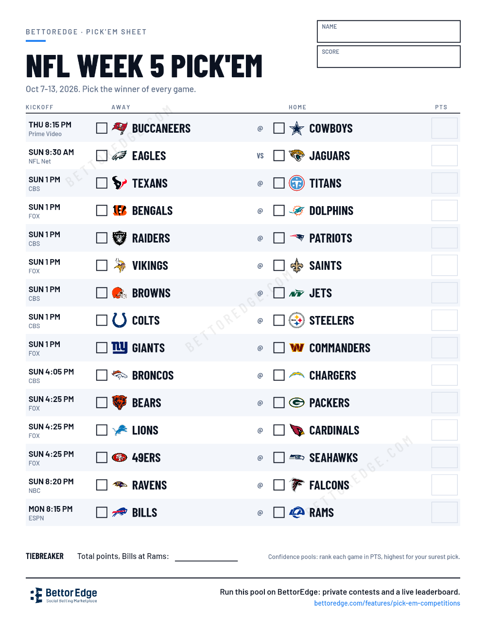 NFL Week 5 pick'em sheet, free printable with every game