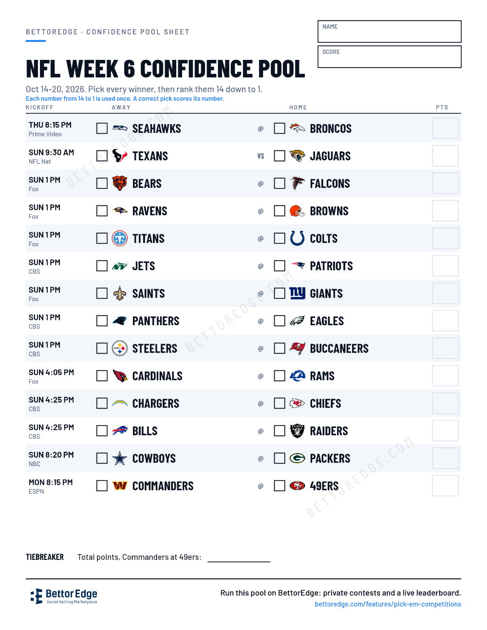 NFL Confidence Pool Sheet Week 6 2026: Free Printable | BettorEdge