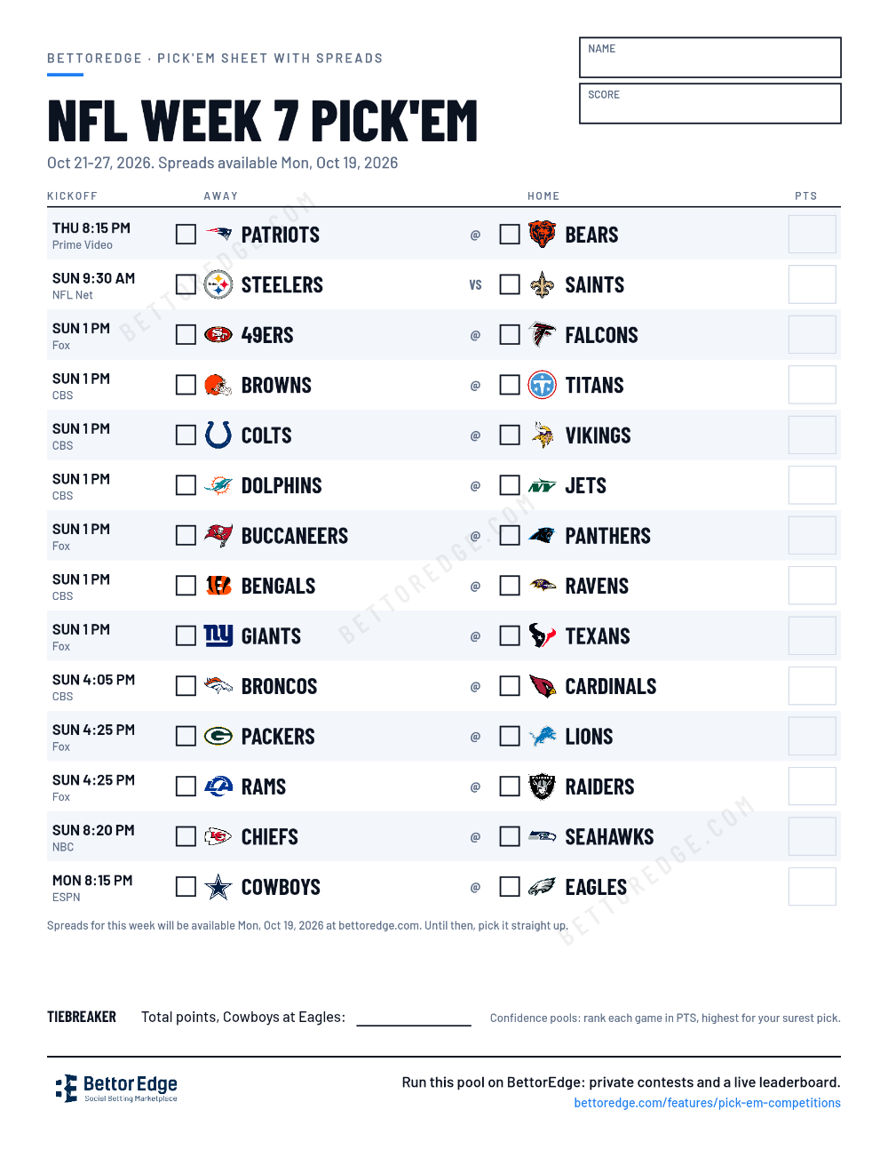 NFL Week 7 Pick'em Sheet 2026: Free Printable | BettorEdge