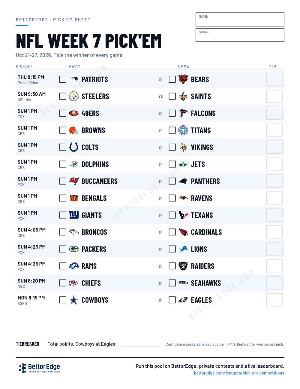 NFL Week 7 pick'em sheet, free printable with every game