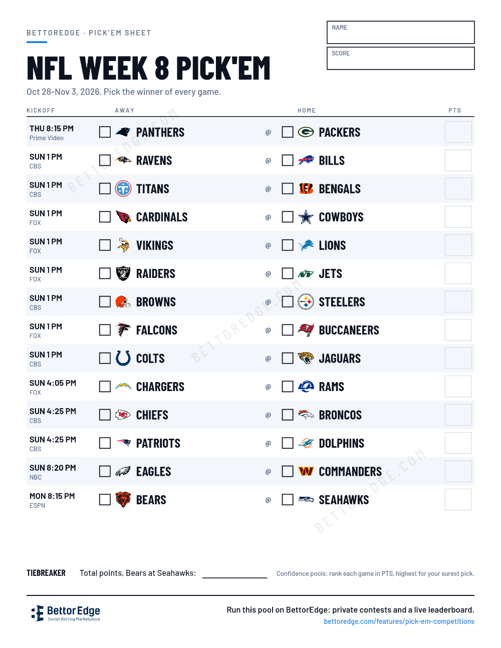 NFL Week 8 pick'em sheet, free printable with every game