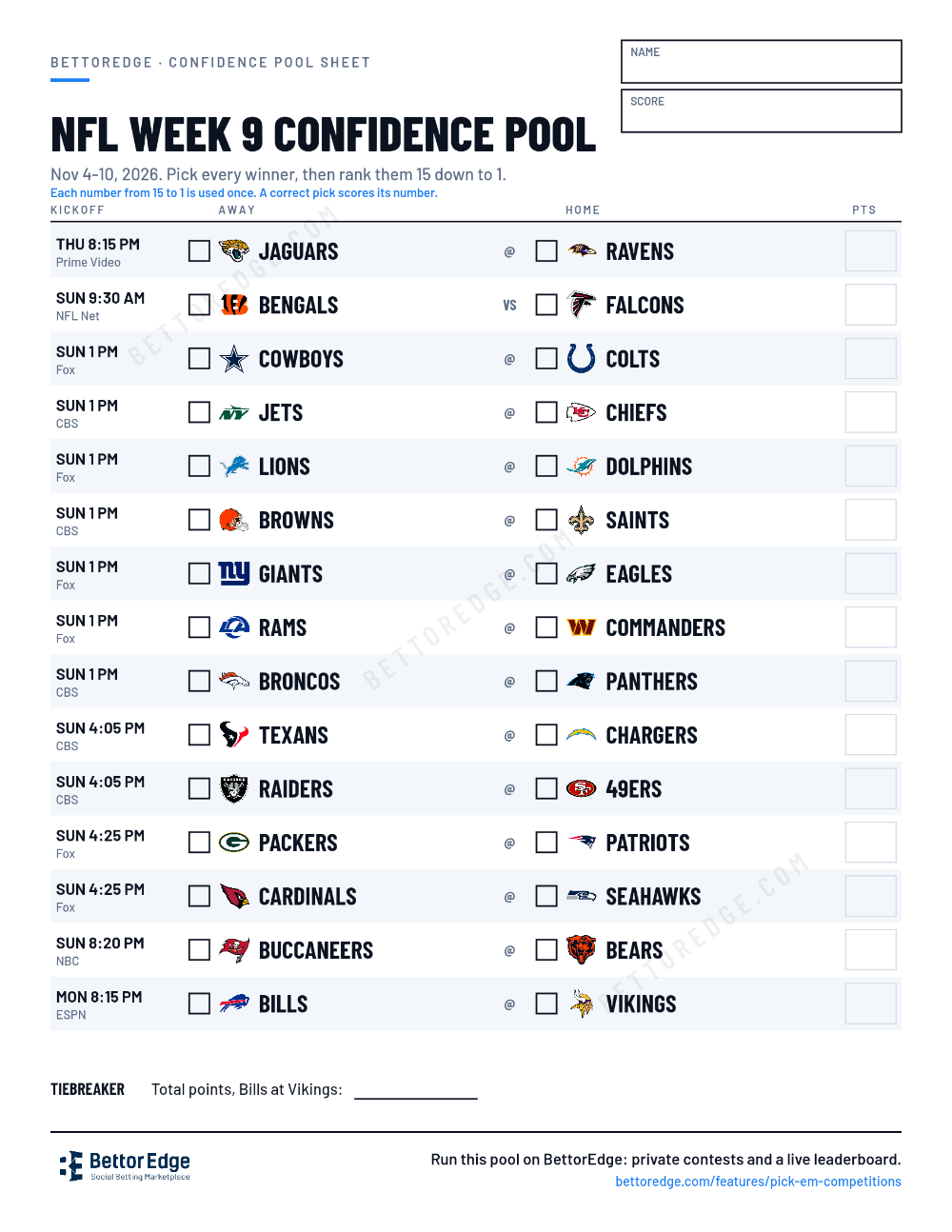 NFL Week 9 confidence pool sheet, free printable with every game