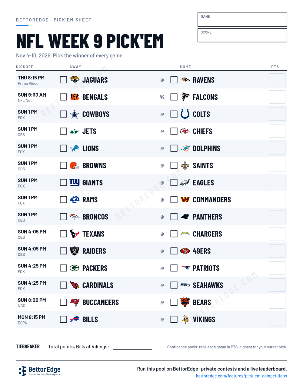 NFL Week 9 pick'em sheet, free printable with every game