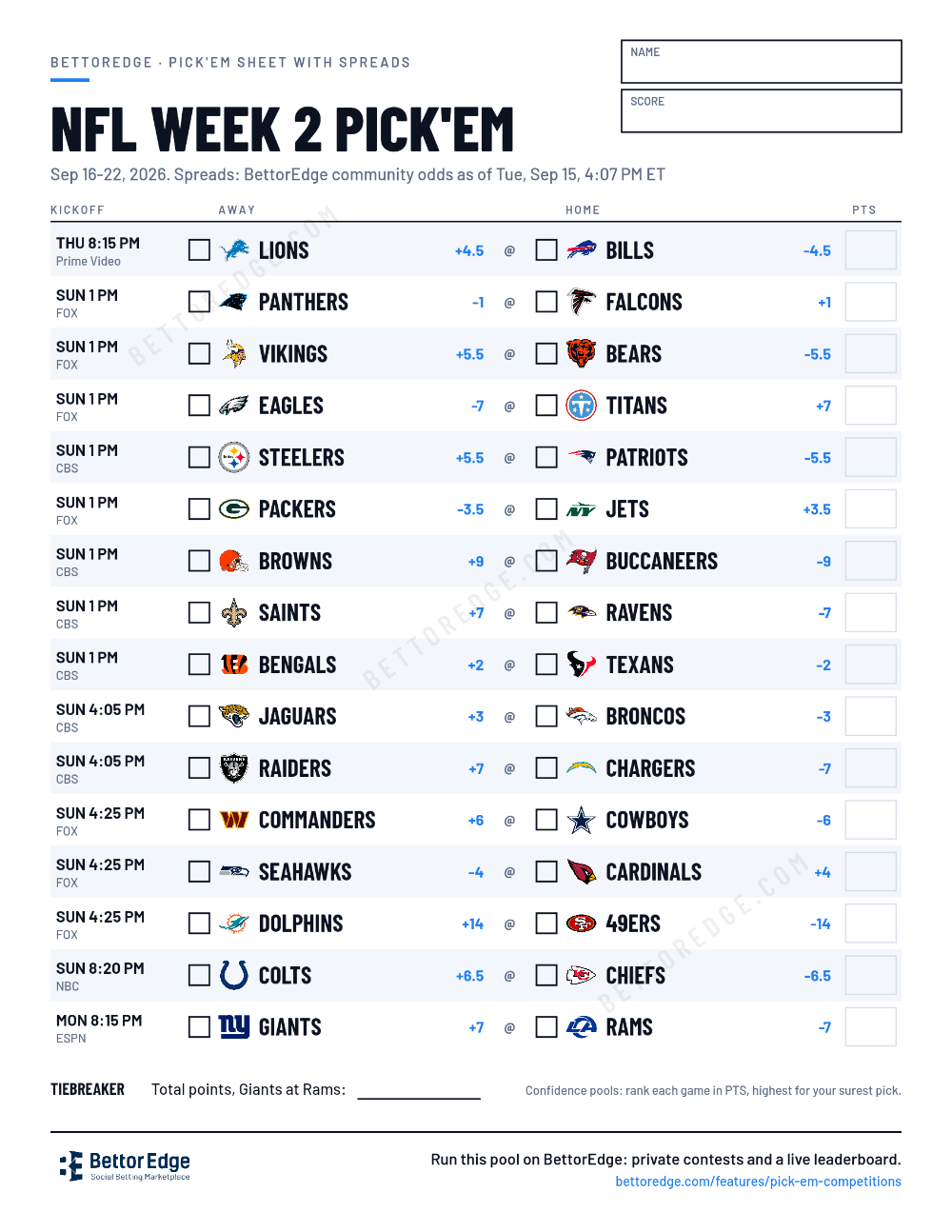 NFL Week 2 pick'em sheet, free printable with every game and its spread