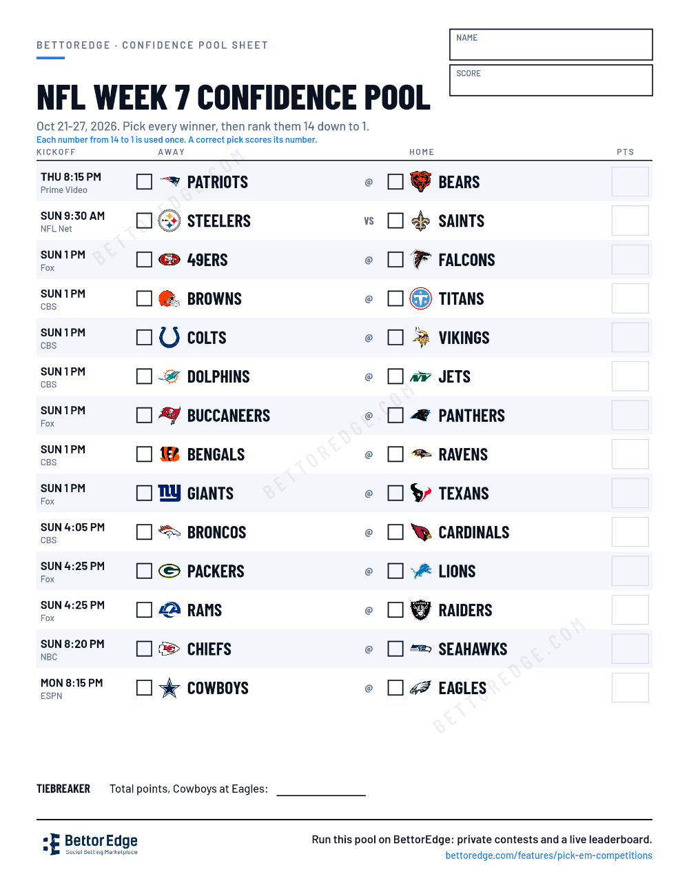 NFL Week 7 confidence pool sheet, free printable with every game
