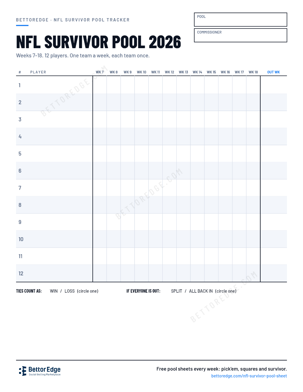 NFL survivor pool tracker, 12 players fit on one portrait page