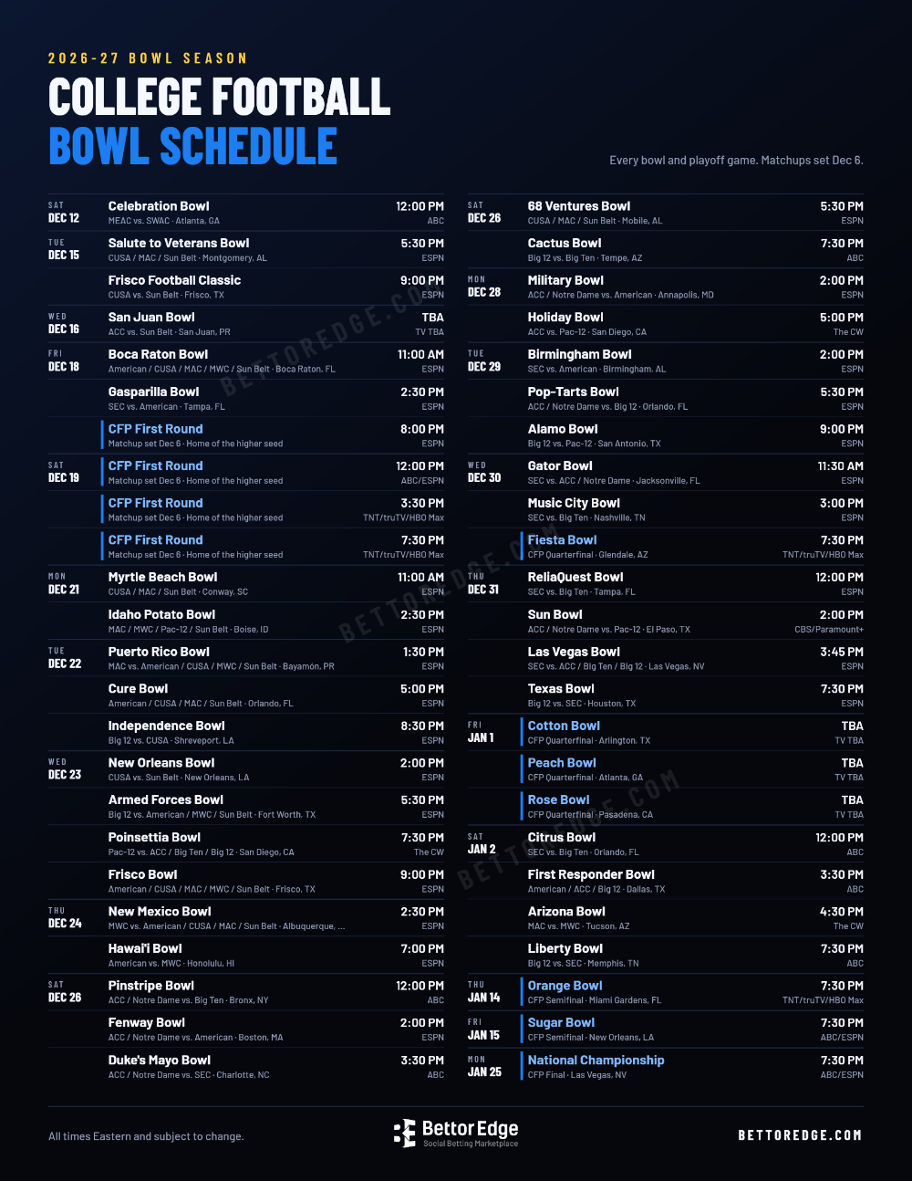 2026-27 college football bowl schedule, free printable, every bowl with date, kickoff time and TV