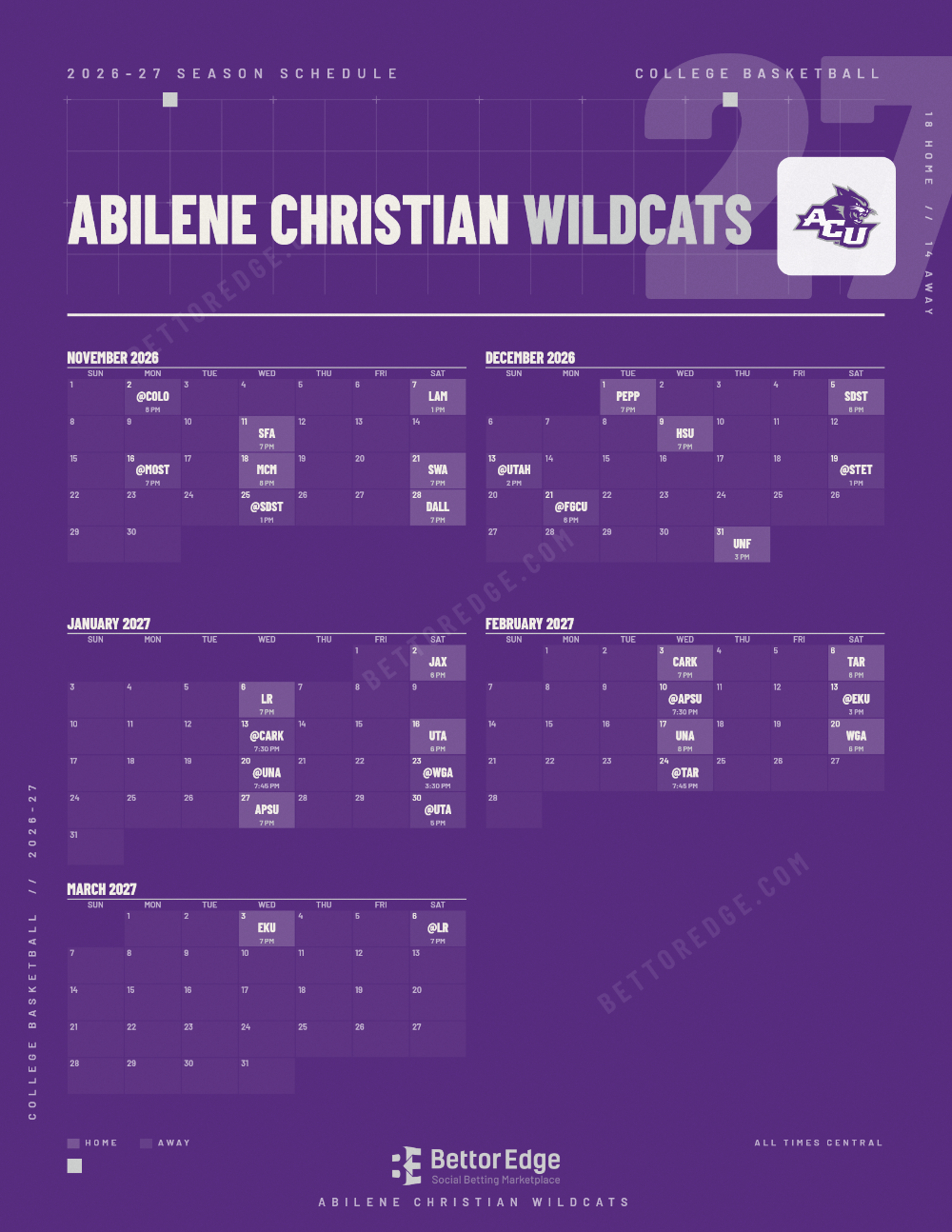 Abilene Christian Wildcats 2026-27 basketball schedule, free printable, every game with start times and TV