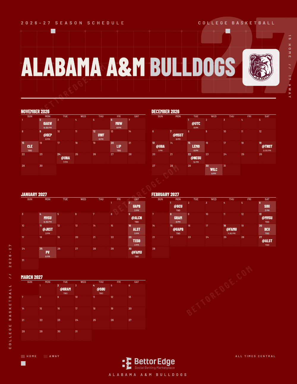 Alabama A&M Bulldogs 2026-27 basketball schedule, free printable, every game with start times and TV