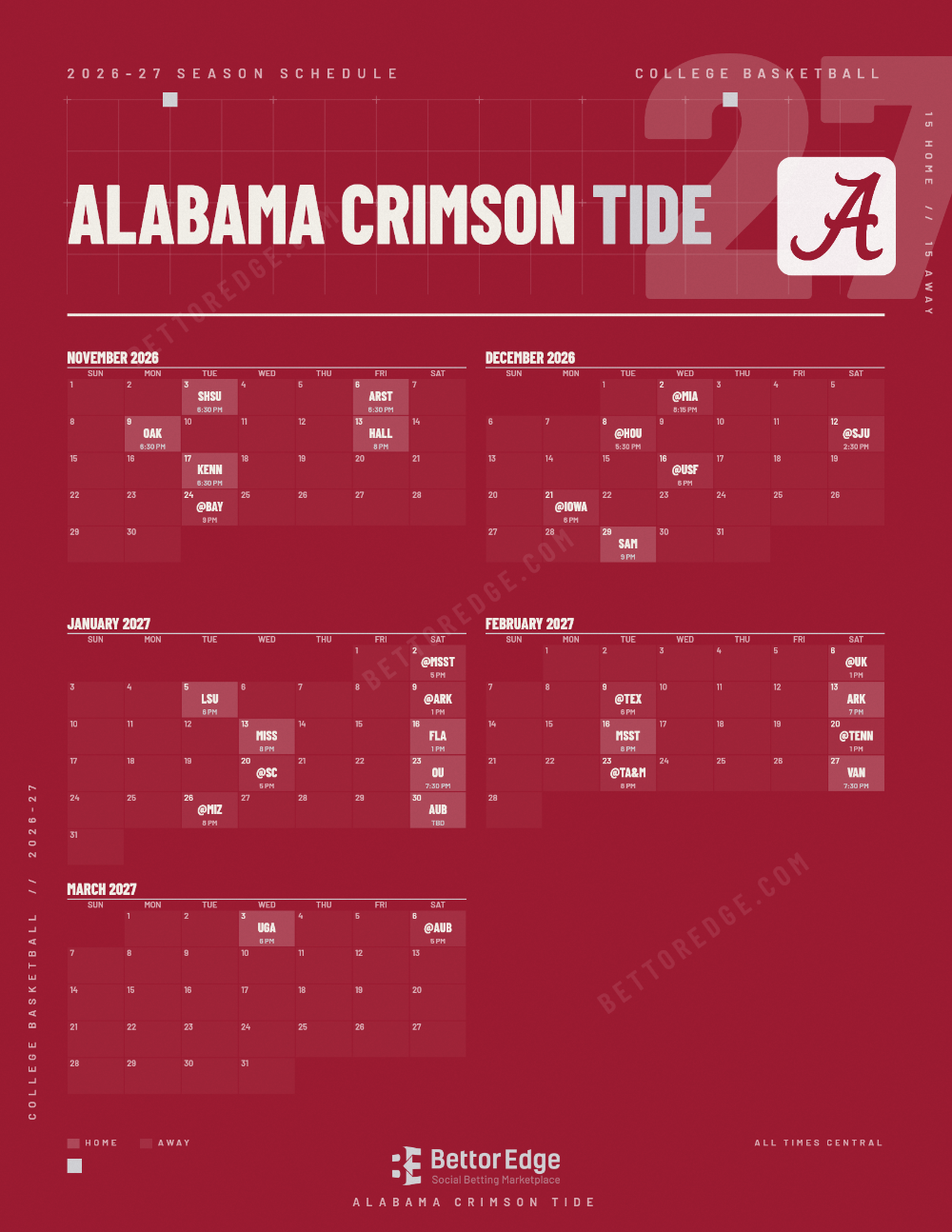 Alabama Crimson Tide 2026-27 basketball schedule, free printable, every game with start times and TV