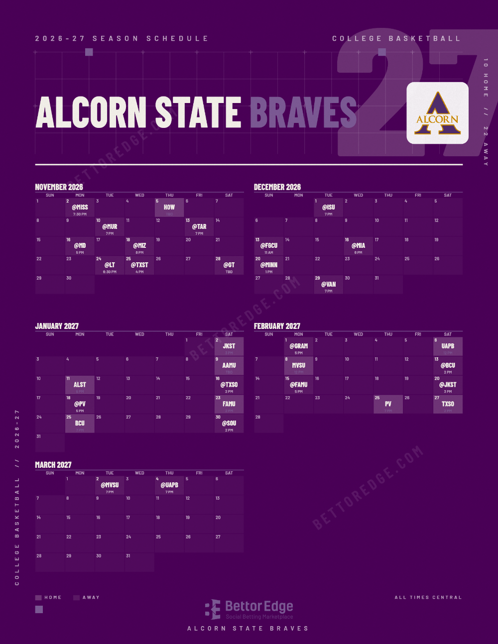 Alcorn State Braves 2026-27 basketball schedule, free printable, every game with start times and TV