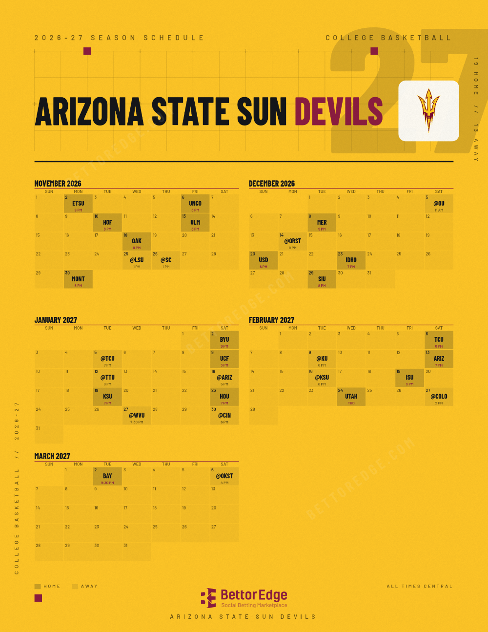 Arizona State Sun Devils 2026-27 basketball schedule, free printable, every game with start times and TV