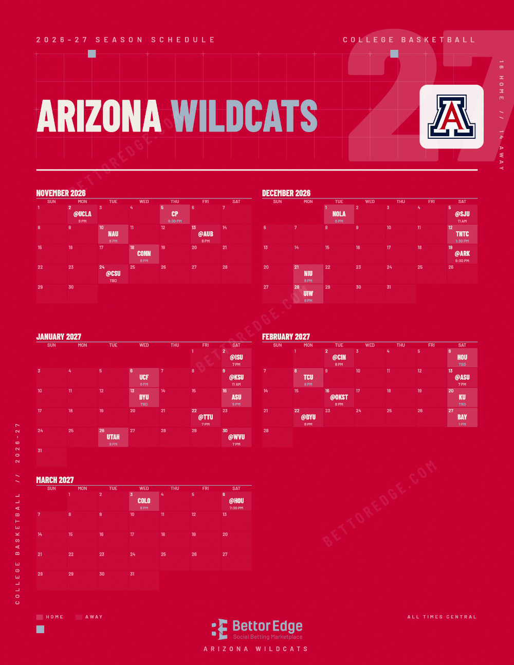 Arizona Wildcats 2026-27 basketball schedule, free printable, every game with start times and TV