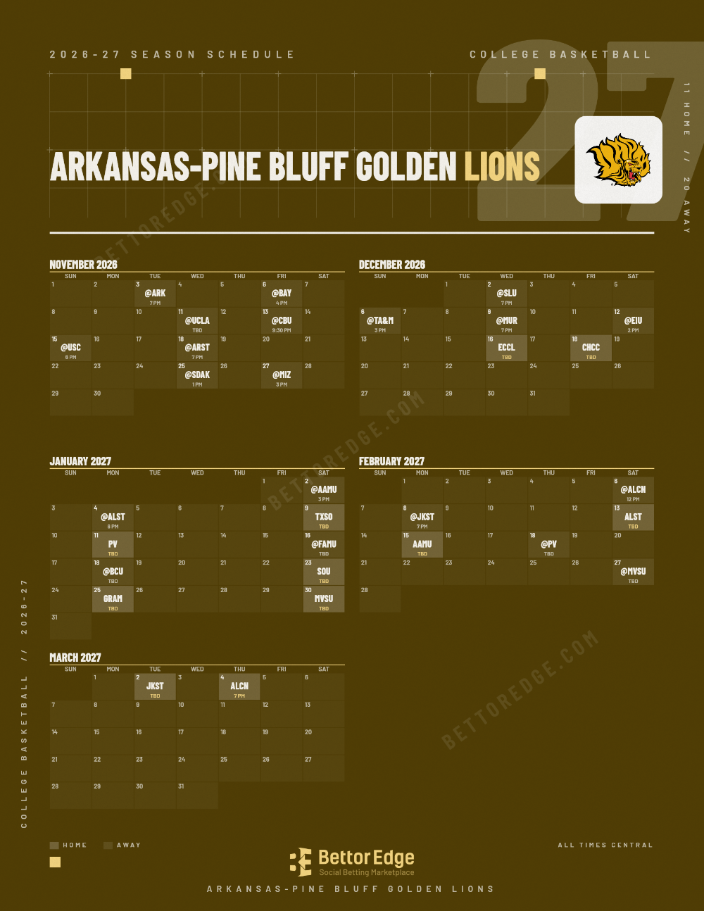 Arkansas-Pine Bluff Golden Lions 2026-27 basketball schedule, free printable, every game with start times and TV