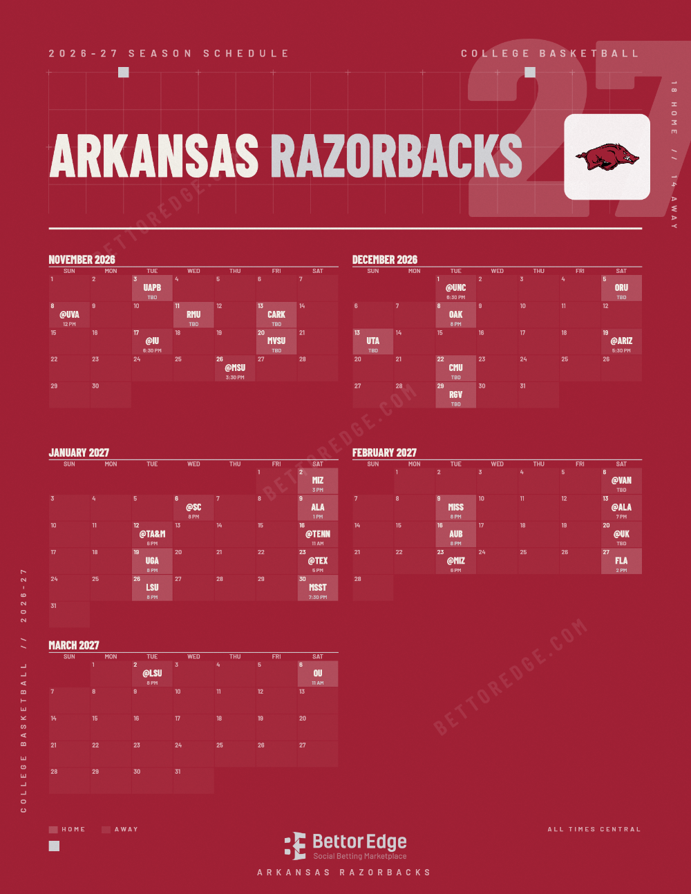 Arkansas Razorbacks Basketball 2026-27 Schedule: Free Printable PDF ...