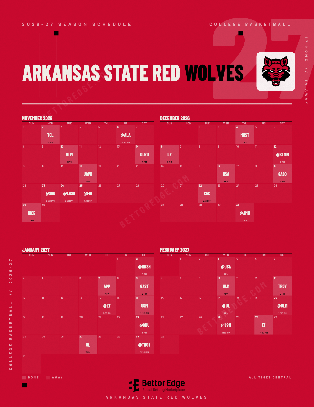 Arkansas State Red Wolves 2026-27 basketball schedule, free printable, every game with start times and TV