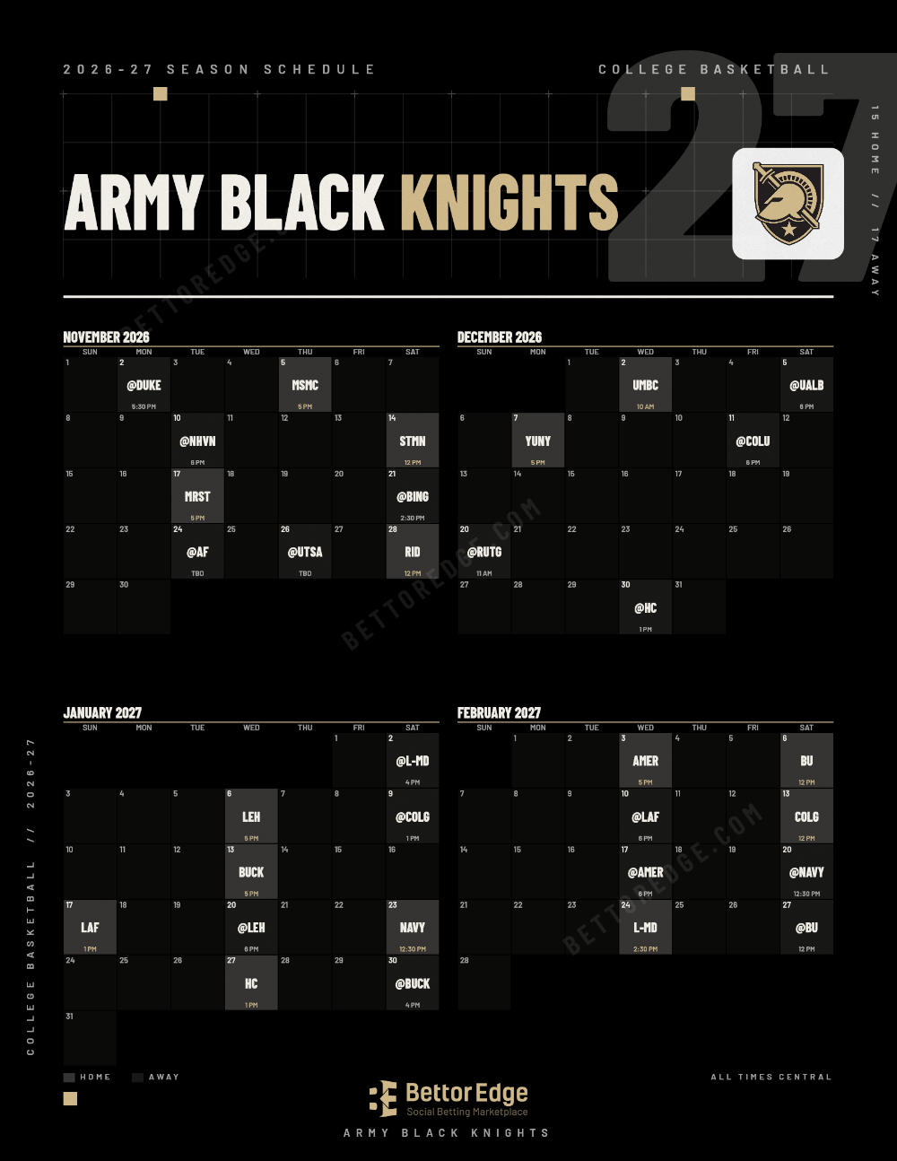 Army Black Knights 2026-27 basketball schedule, free printable, every game with start times and TV