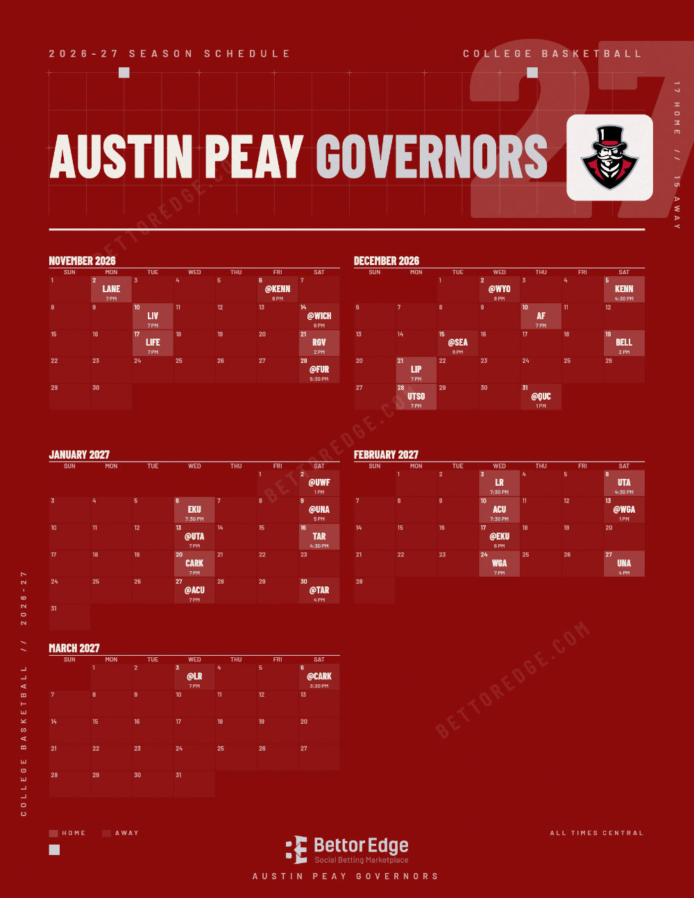 Austin Peay Governors 2026-27 basketball schedule, free printable, every game with start times and TV