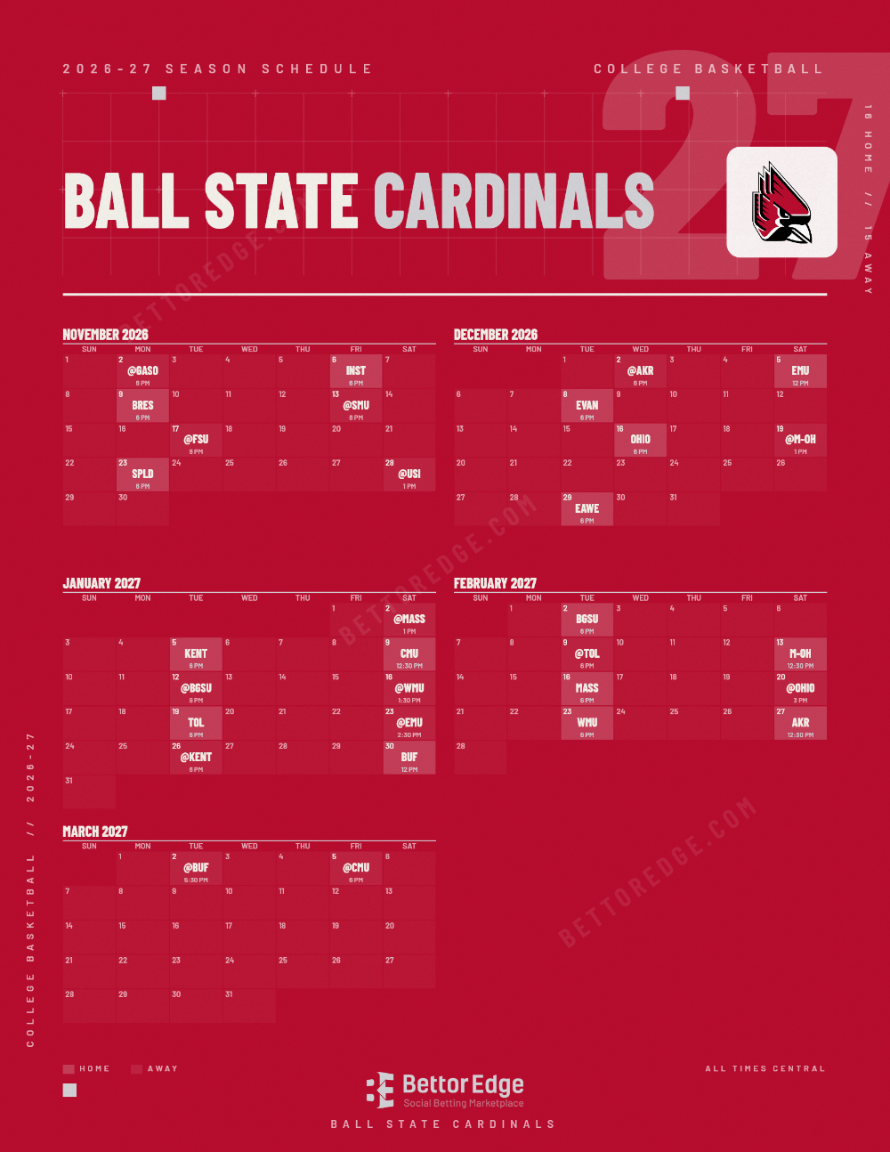 Ball State Cardinals 2026-27 basketball schedule, free printable, every game with start times and TV