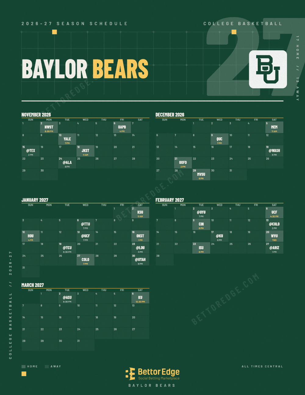 Baylor Bears 2026-27 basketball schedule, free printable, every game with start times and TV
