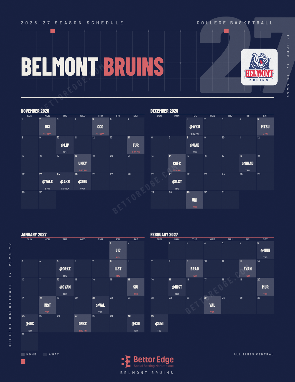Belmont Bruins 2026-27 basketball schedule, free printable, every game with start times and TV
