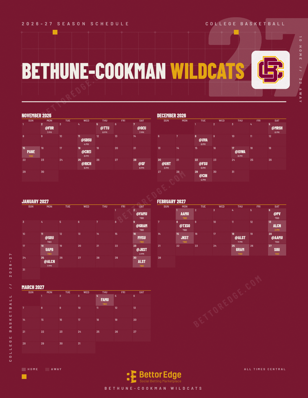 Bethune-Cookman Wildcats 2026-27 basketball schedule, free printable, every game with start times and TV