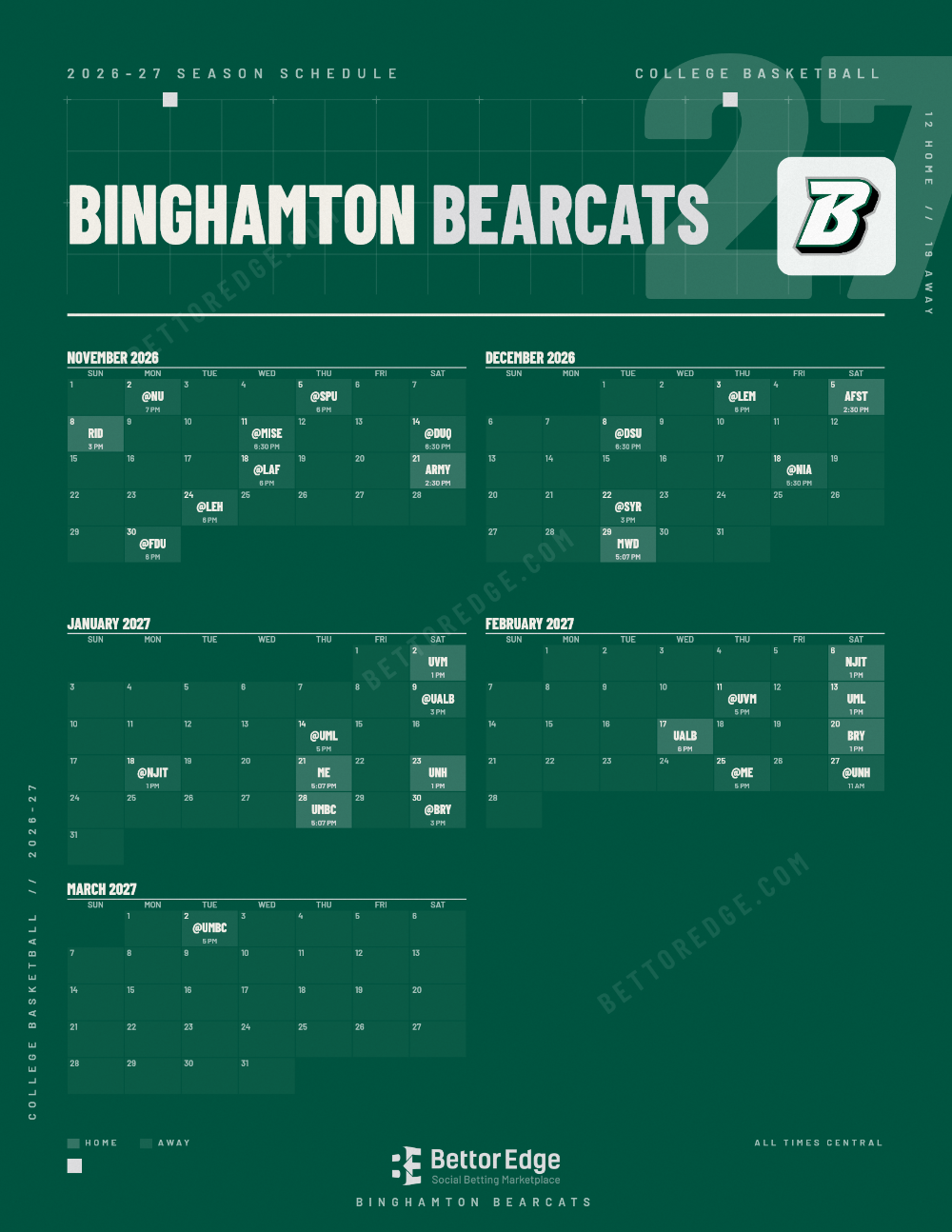 Binghamton Bearcats 2026-27 basketball schedule, free printable, every game with start times and TV