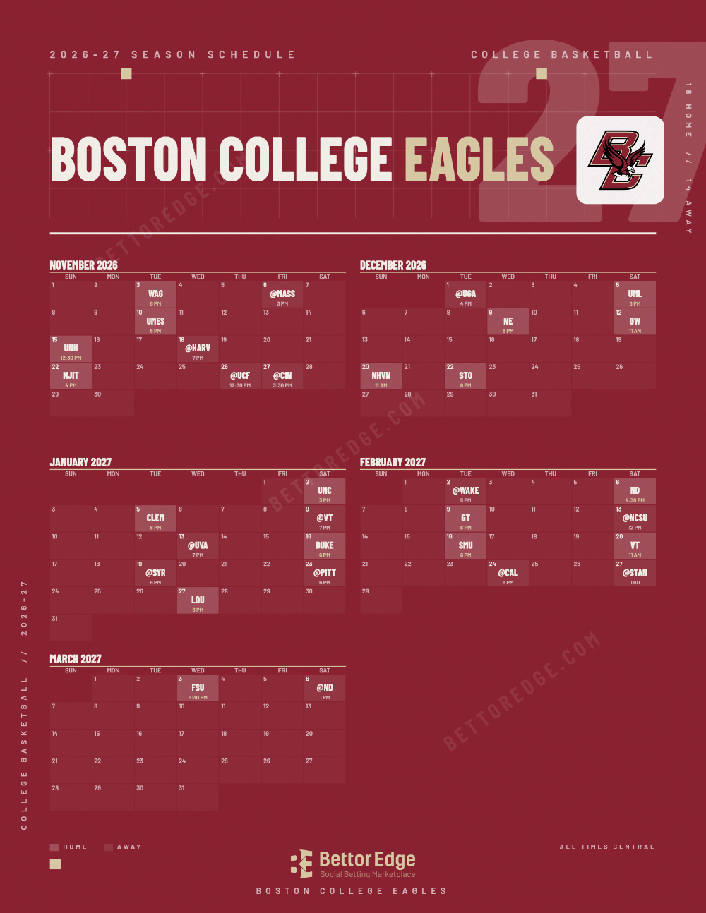 Boston College Eagles 2026-27 basketball schedule, free printable, every game with start times and TV