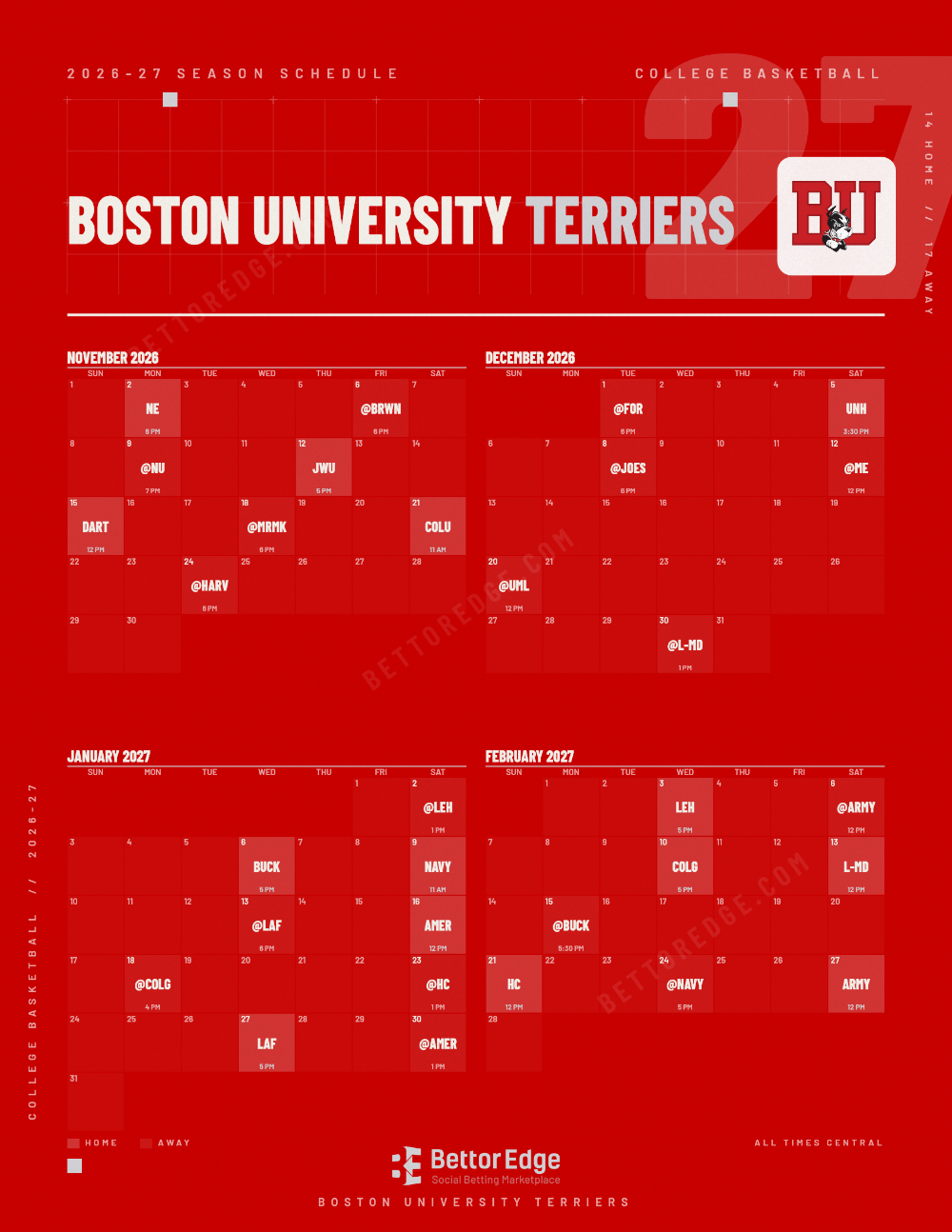 Boston University Terriers 2026-27 basketball schedule, free printable, every game with start times and TV