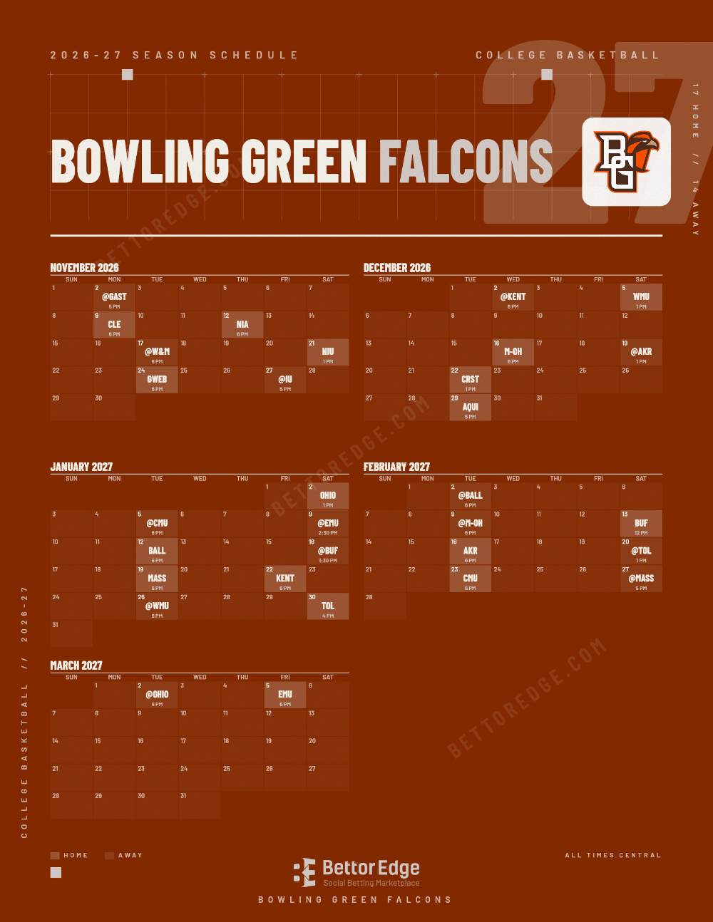 Bowling Green Falcons 2026-27 basketball schedule, free printable, every game with start times and TV