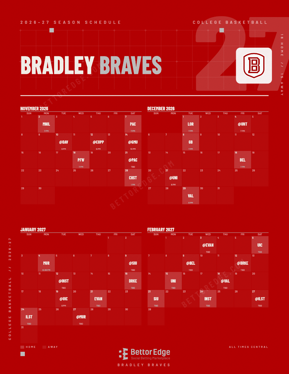 Bradley Braves 2026-27 basketball schedule, free printable, every game with start times and TV
