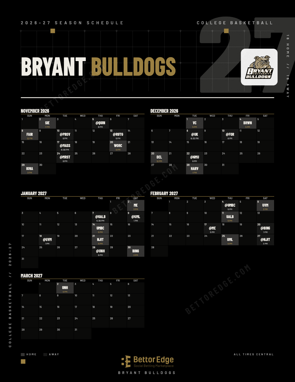 Bryant Bulldogs 2026-27 basketball schedule, free printable, every game with start times and TV