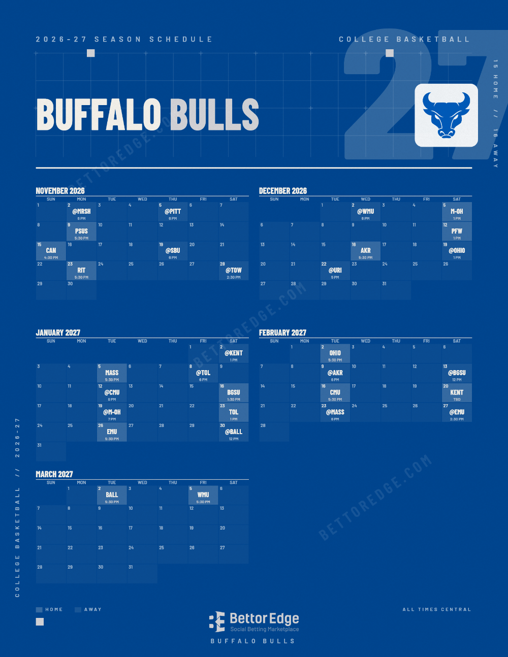 Buffalo Bulls 2026-27 basketball schedule, free printable, every game with start times and TV